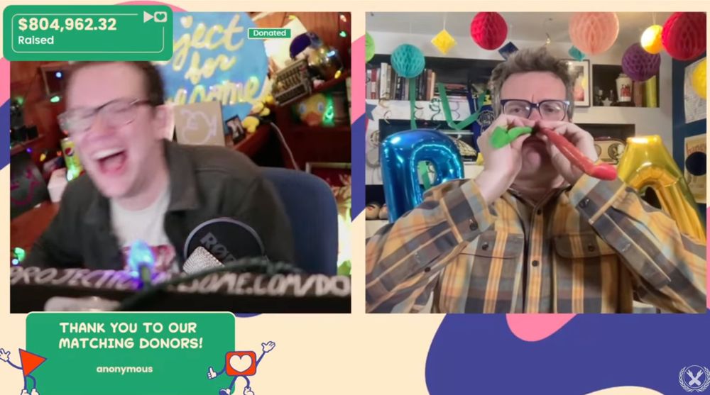 P4A screenshot of Hank laughing while John blows party blowers from his nose.
