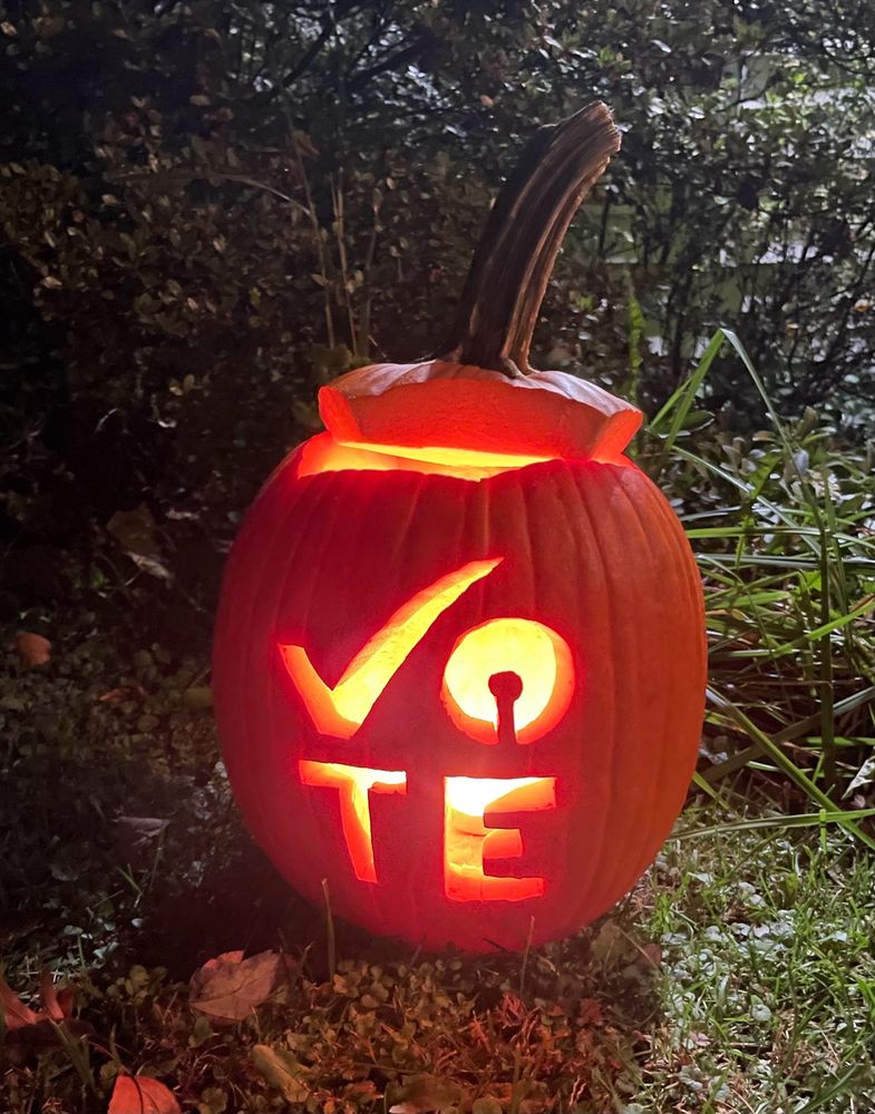 A pumpkin carved to say “vote.” The v is a check mark.