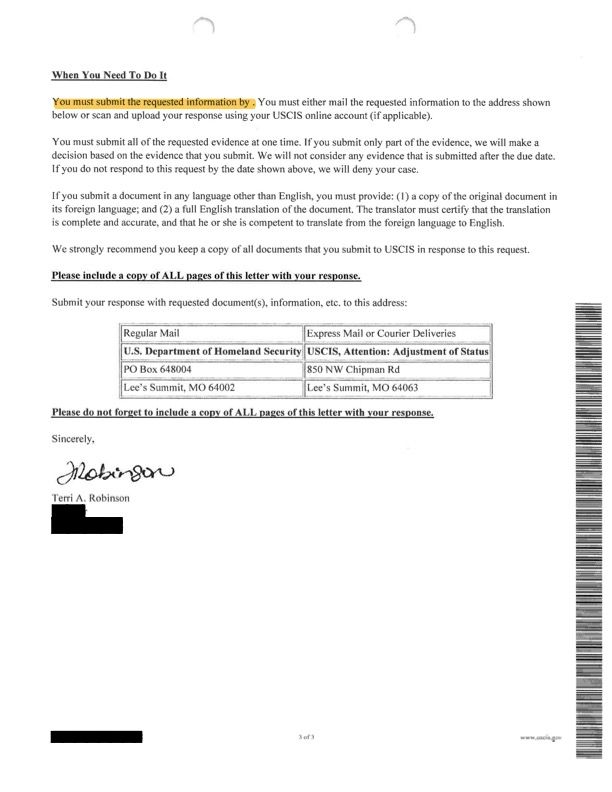 Excerpt from USCIS Request for Evidence dated April 17, 2025 with incomplete sentence where the due date should be. 