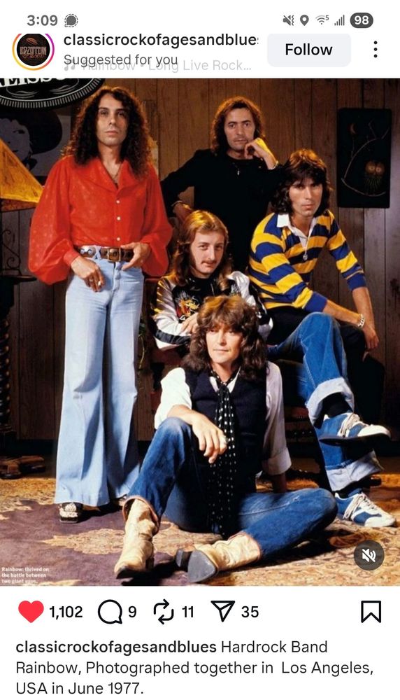The band Rainbow posing for a photo from 1977 with fashionable clothing
