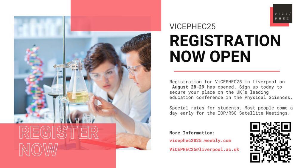 Flyer for the ViCEPHEC conference with a picture of two people in lab coats and safety specs looking at a conical flask. The conference website is given as vicephec2025.weebly.com 