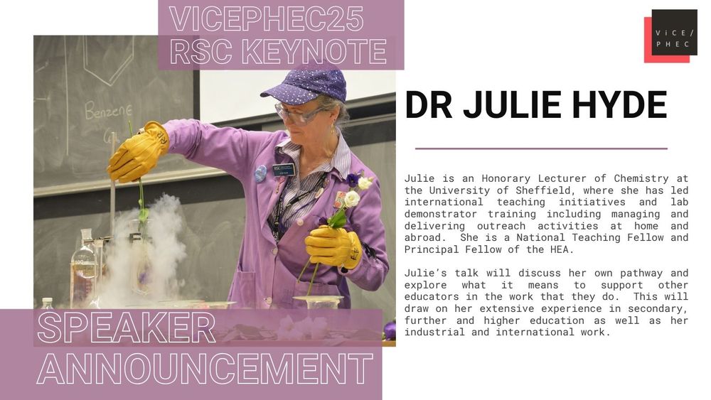 Julie is an Honorary Lecturer of Chemistry at the University of Sheffield, where she has led international teaching initiatives and lab demonstrator training including managing and delivering outreach activities at home and abroad.  She is a National Teaching Fellow and Principal Fellow of the HEA
Julie’s talk will discuss her own pathway and explore what it means to support other educators in the work that they do.  This will draw on her extensive experience in secondary, further and higher education as well as her industrial and international work.