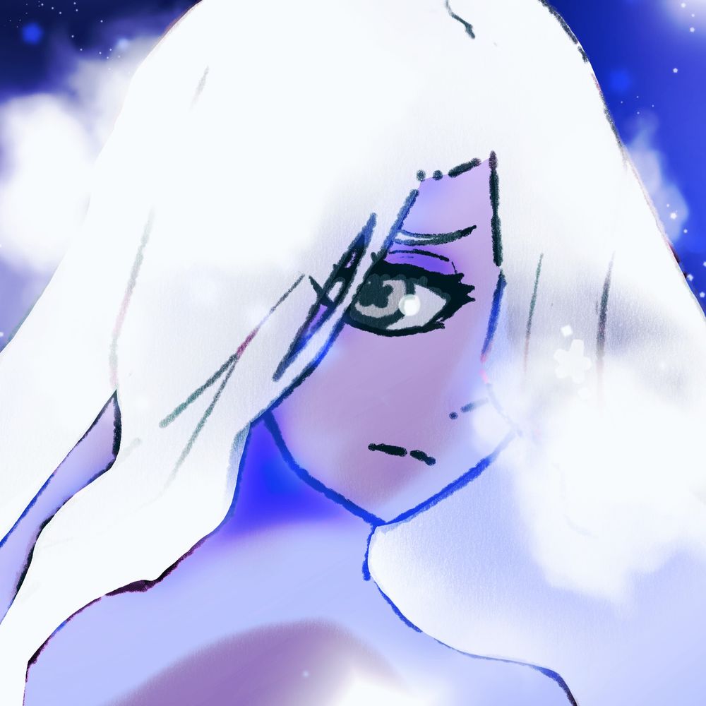 Drawing of my character Yvonne. A white haired woman in a violet, space like envrionment with small puffs of mist clouds.