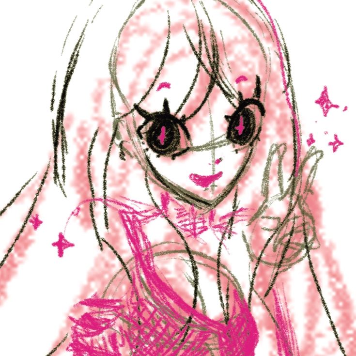 Digital art portrait sketch of an original character named Medusa. Medusa is smiling with hand peace sign beside her face in pink pencil colors.