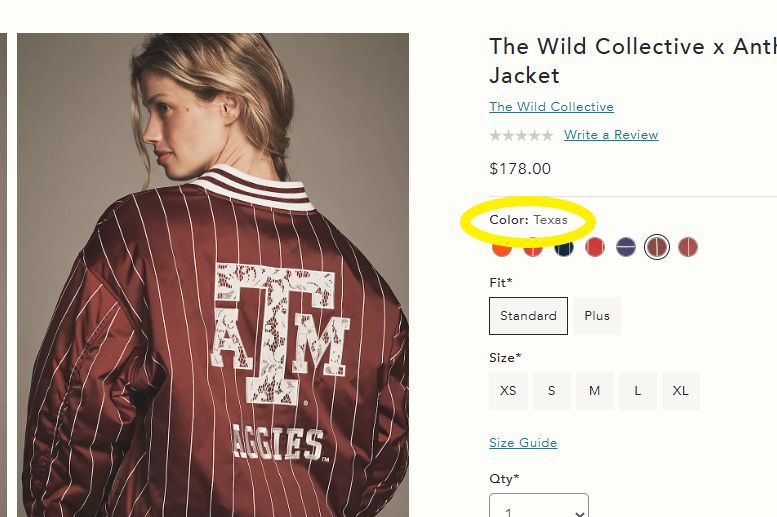Model wearing a bomber jacket bearing the Texas A&M logo, labeled "Texas"