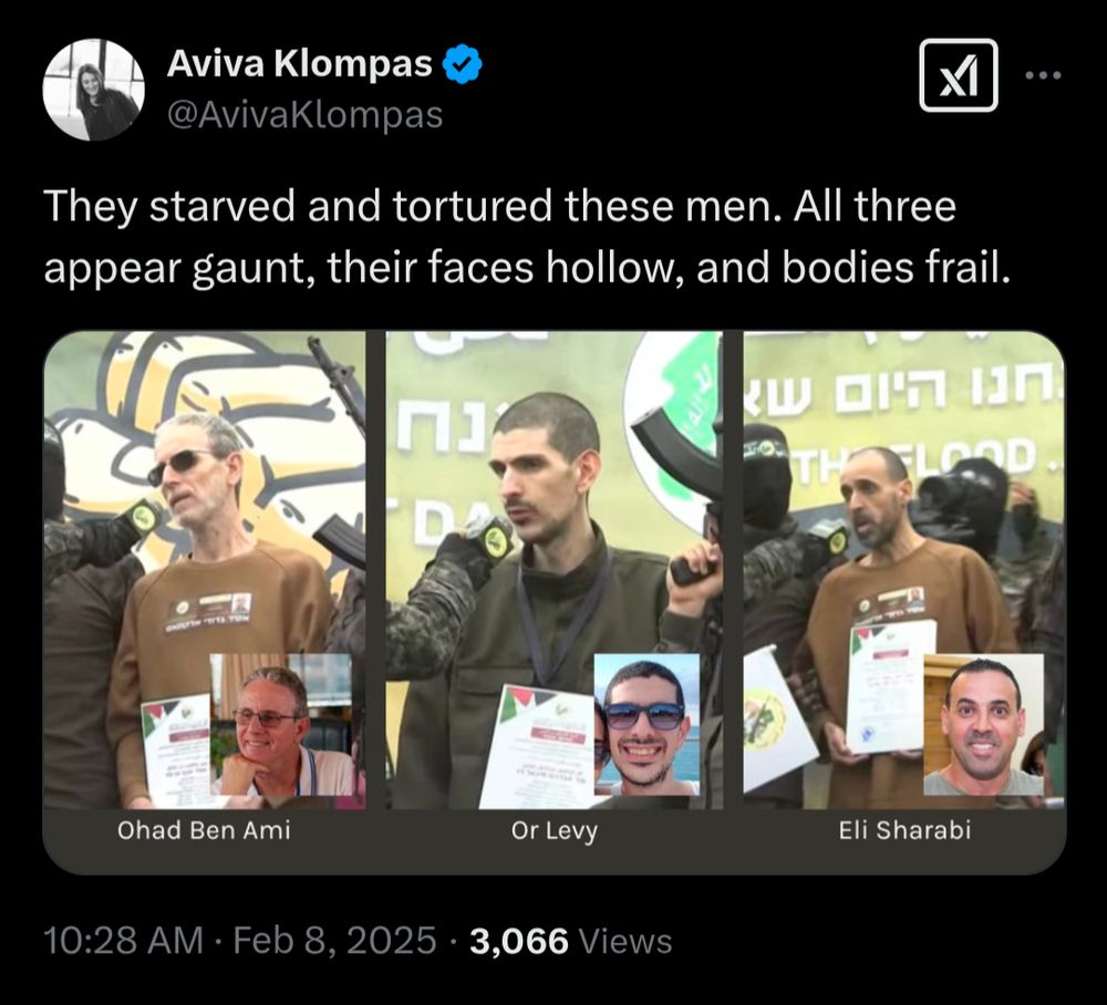 Screenshot von X/Twitter. Aviva Klompas zeigt den grauenvollen Zustand der drei heute freigelassenen Geiseln, die vorab noch von der Hamas auf einer Bühne vorgeführt werden.