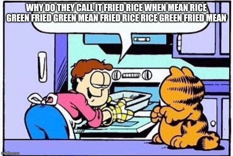 The "why do they call it oven" garfield meme, but changed to "why do they call it fried rice when mean rice green fried green mean fried rice rice green fried mean"