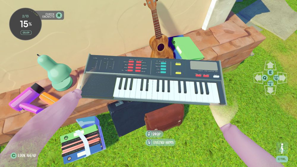 A in-game screenshot of a character holding an electric keyboard in their garden. In the background of the image there is also other items such as a lamp, files and books. The screenshot also shows UI controls that suggests you can pick up each item and move them to complete a objective. This screenshot is taken from the game One Move Away. 
