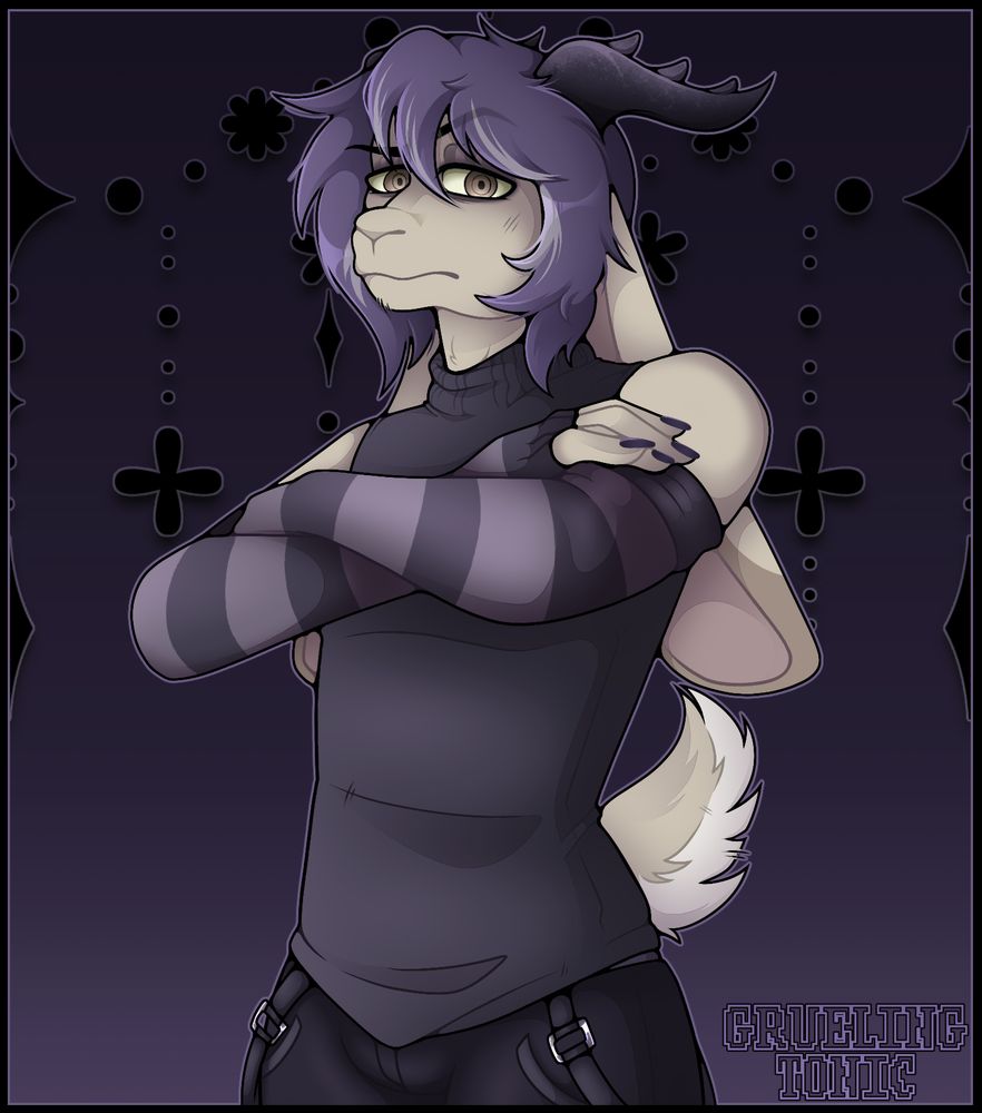 A rendered art piece of an anthro/furry hare with purple and grey hair, horns and alternative clothing. His arms are crossed and he is giving a very stern/pensive look at the viewer. 
