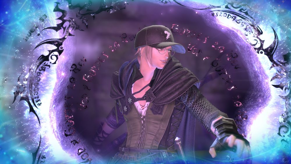 a screenshot of a rava viera reaper wearing the metion vest, a baseball cap, and a smirk on his face as he emerges from a swirling purple portal of aether and various glyphs