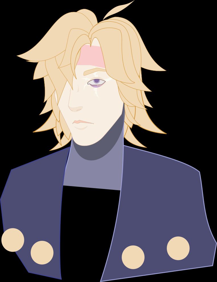 a vector graphics sketch of an OC with one(left) eye showing. he has a clean-shaven face and messy, blonde hair with a pink headband. His torso is a rough blockout of a purple shoulder wrap with gold embellishments.