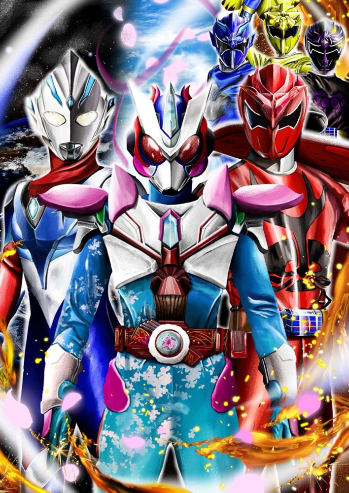 The First Original Heroes Illustration
KamenRider Blossom
SeicyuSentai Insetors (Red Beetle.Blue Mantis.Yellow Butterfly.Black Spider)
Ultraman Wing