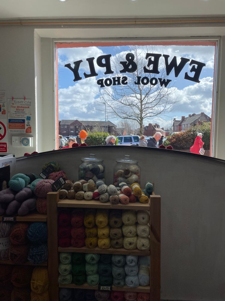A large shop window seen from the inside, with the tops of buildings and a bare tree showing outside. There is text on the window which is seen in reverse and says Ewe and Ply Wool shop. Inside the window is a solid screen with a curved top edge, and in front of that some shelves of colourful yarn.