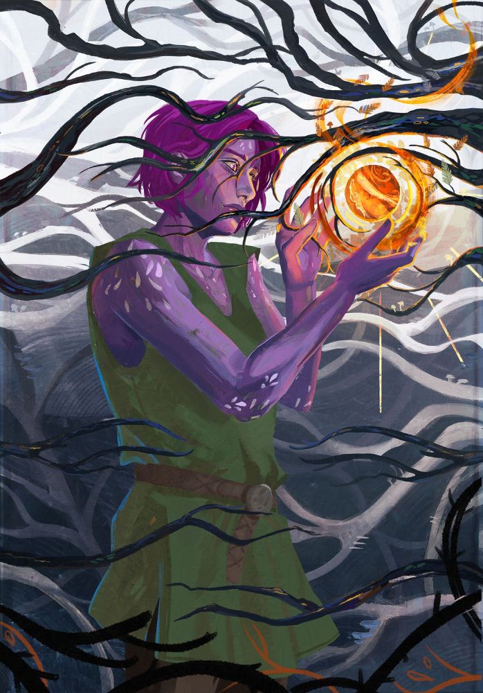 a stylized illustration of a purple skinned character with short messy purple hair, stood amongst black and grey finger like branches of trees wrapping around her, framing her face. The bark shines with the colours of Opal stones, gold, green, blue and white. The character is looking at a magic orb they control in their hands, leaves and mushrooms sprout from the dead branches around the magic trail which whisps up, around a tree branch and to the right of the image