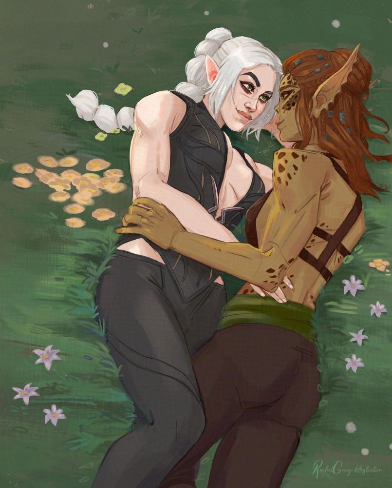 An illustration of shadowheart (left) and laezel (right) laying close together gazing lovingly at one another. (Shadowheart with white hair)