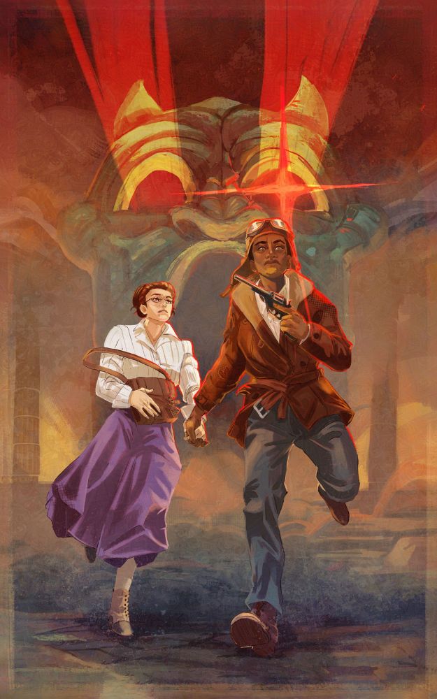An illustrated book cover in a mock vintage 70's pulp action movie poster style. Two women, one black woman dressed in 1900's style pilot outfit, with a leather cap and goggles, leather flight jacket and holding a revolver style pistol, she looks determined as she grips the hand of another woman running behind her. The woman behind is white with brown hair pulled into a messy bun, half circle glasses and dressed in a vintage 1900's school mistress style outfit, with blowse and purple ankle length skirt with brown heeled leather shoes. She clutches a brown leather bag in her other hand.
Behind them a mysterious green stone mask looms over them, the eye cutouts shine red beams above them and the left eye twinkles with a bright red glint