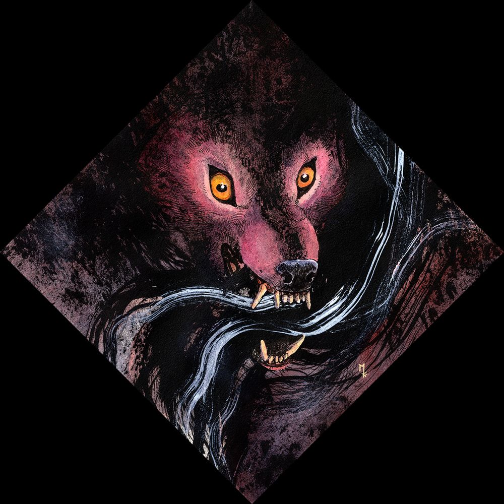 transparent png of anink and watercolor art piece of a red faced canine eating stream of black and white ink vapor