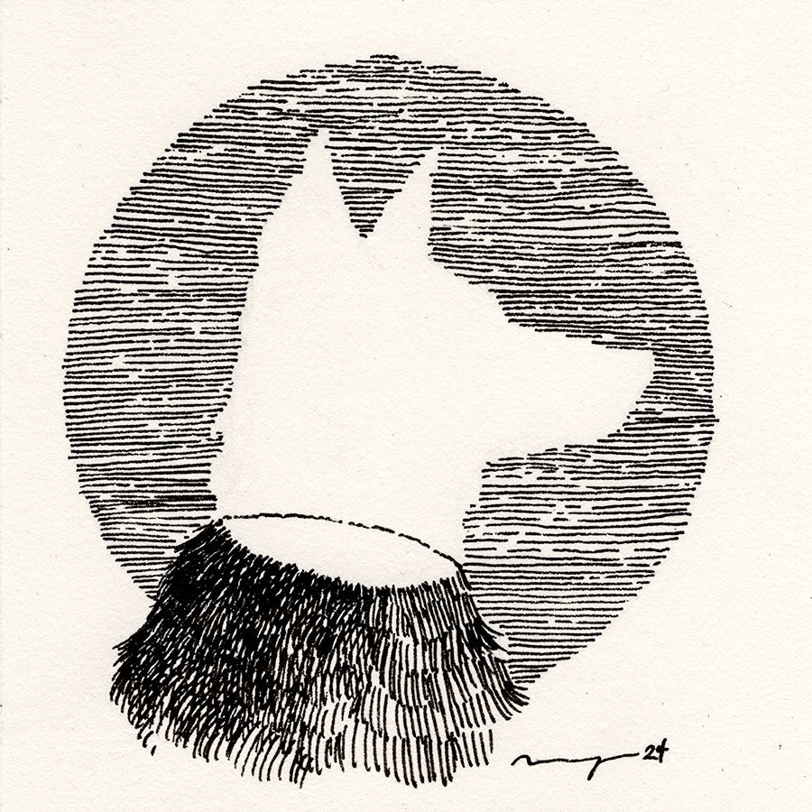 pen drawing of a circle with a hollow silhouette of a dog's head that ends at the neck. the neck and upper chest is filled in. (if there is someone out there that can explain this alt text better feel free to do so, i'm having a hard time with words and descriptions today.)