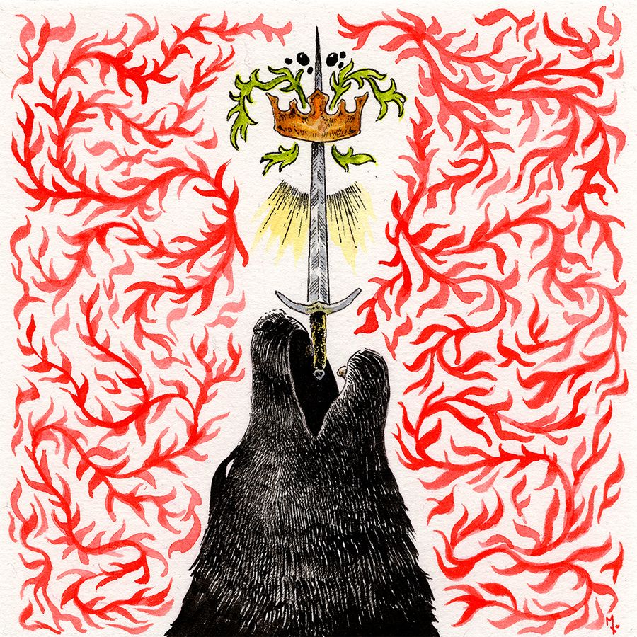 ink and watercolor painting of a wolf howling. between it's jaws is a sword with a crown and olive branches. surrounding the wolf are red, venous watercolor vines.