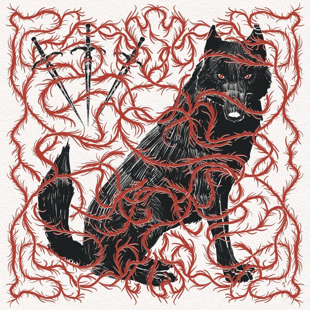 Three of swords. Three swords and a wolf looking at the viewer. Red vines are densely tangled, obscuring the wolf.