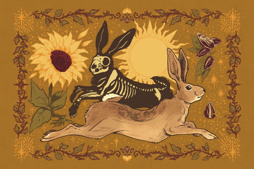 two hares facing opposite directions, one living one dead. surrounded by sunflower motifs.