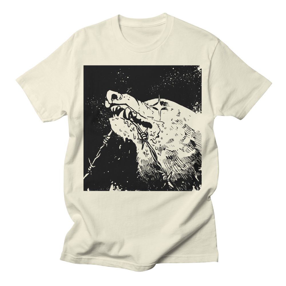 screenshot of STAY TENACIOUS on an ivory t shirt. the design is a wolf tearing at barbed wire with a grungy background.