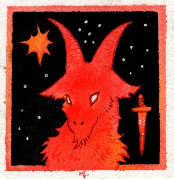  Painting is done in ink and watercolor. A bust of a red goat with a bursting sun to the upper left and a dagger in the bottom right. There are 3 sets of six stars - one set to the left below the sun, between the goat's horns, and above the knife.