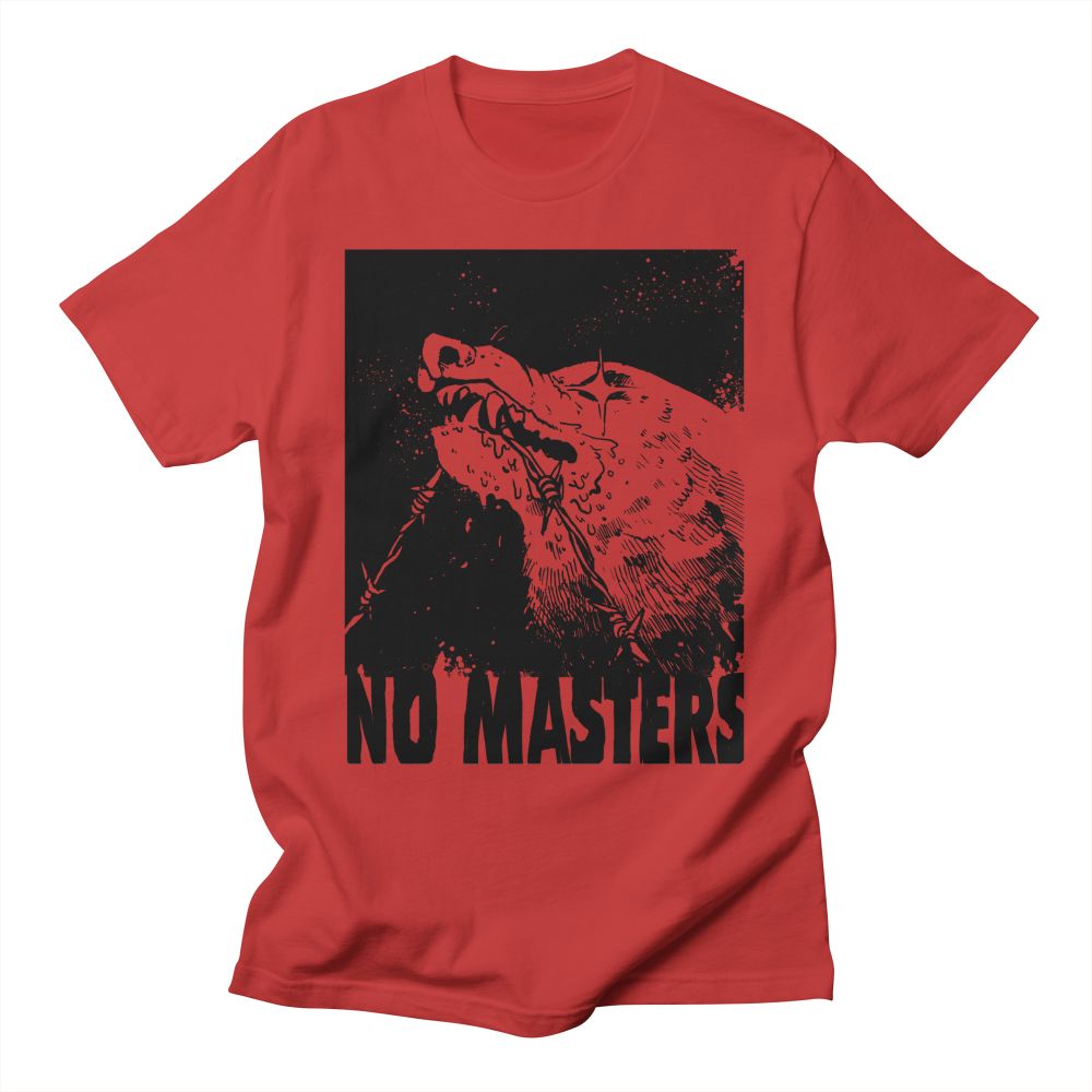 screenshot of NO MASTERS on a red t shirt. the design is a wolf tearing at barbed wire with a grungy background. under the design is text that reads "NO MASTERS"