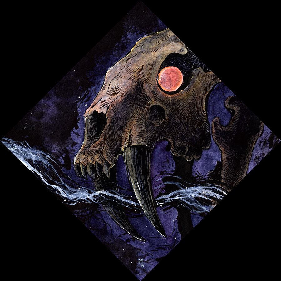 watercolor painting of a smilodon skull with a red eye, floating in an inky blue nad purple void with a whisp of black and white ink flowing between its canines