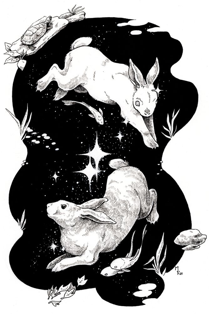 Ink artwork. Two rabbits chasing one another in a star-filled void in the shape of a pod. Outlined in some parts of the pond are grasses, water plants, falling leaves, a turtle on a rock. Within the black pond are koi fish swimming with the rabbits.