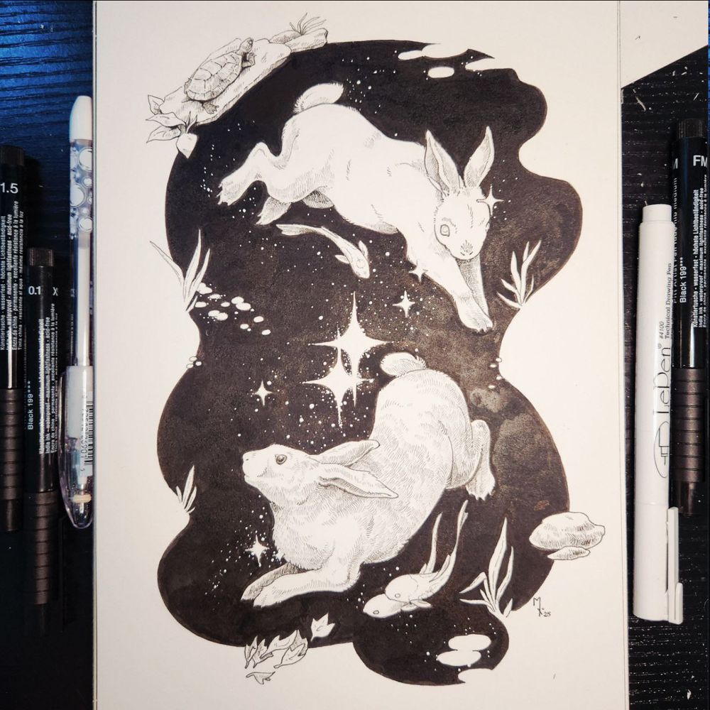 Photo of the previous artwork between the pens used to create it. Ink artwork. Two rabbits chasing one another in a star-filled void in the shape of a pod. Outlined in some parts of the pond are grasses, water plants, falling leaves, a turtle on a rock. Within the black pond are koi fish swimming with the rabbits.