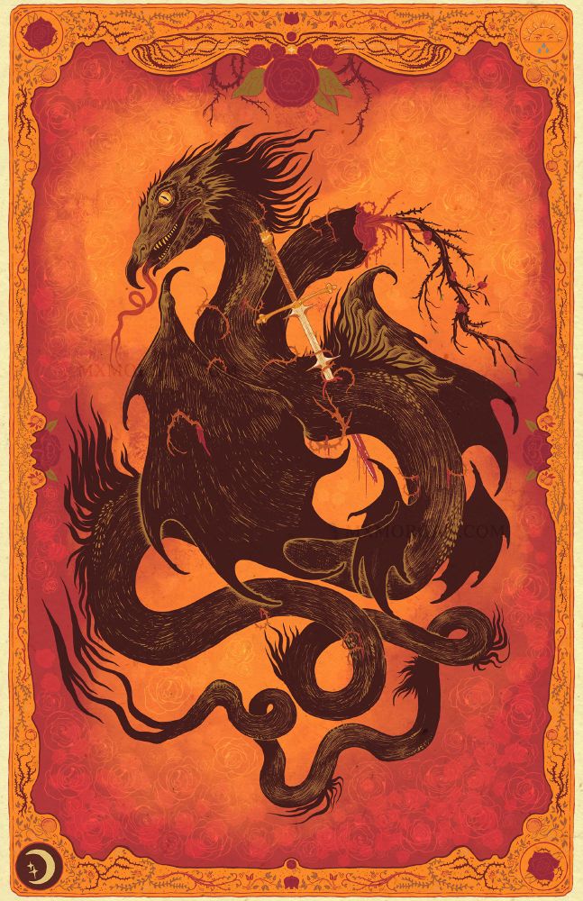 Tapestry-like illustration of a two headed serpentine dragon struck by a sword in its back. One of the heads have been cut off, leaving a thorny rose branch growing from where the head used to be. There are roses subtly scattered in the background. The dragon is framed by a decorated gold-ish frame with roses and thorn motifs. Digital illustration, personal work.