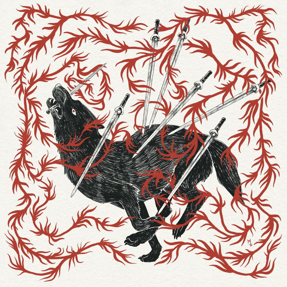 illustration of the 7 of swords tarot card. the illustration features a wolf running with a sword in its mouth while being flanked by swords in various vulnerable areas of the wolf'd body. weaving around them are red, tangled vines.