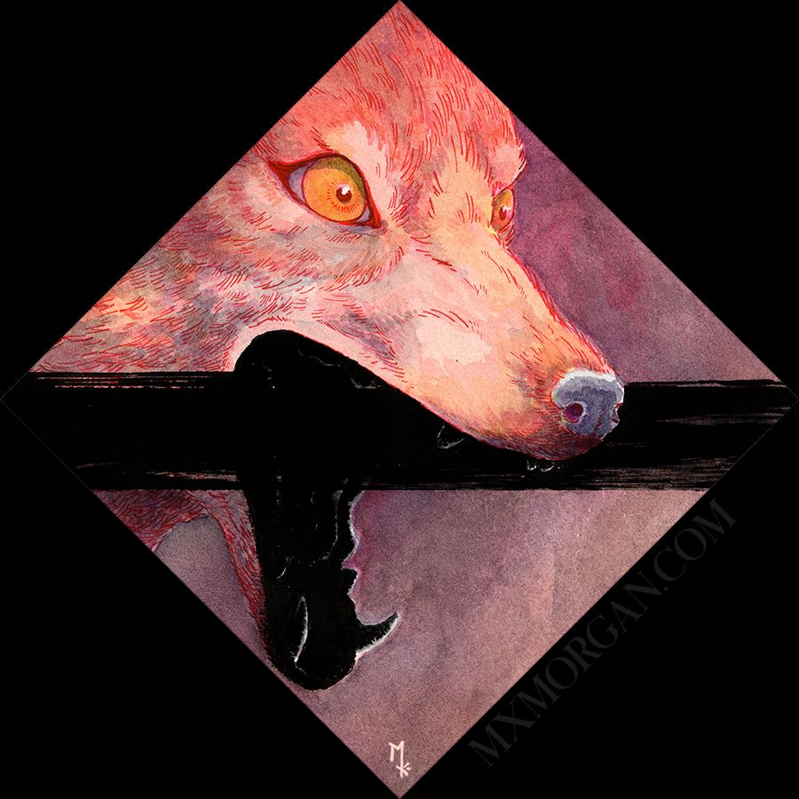 an orange-red canine with its mouth open intensely. its mouth is a dark, tarry black. there is a black bar of ink between its jaws.