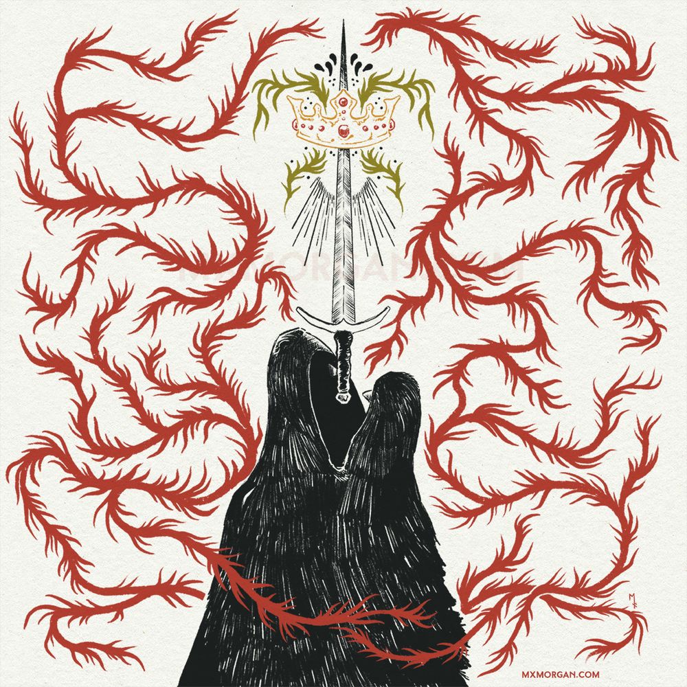 Ace of Swords tarot card. This card features a howling wolf. Between the wolf's jaws is a rising sword with a crown and olive branches draping from the crown. There are feathery, venous red branches weaving throughout. Digital illustration, personal work.