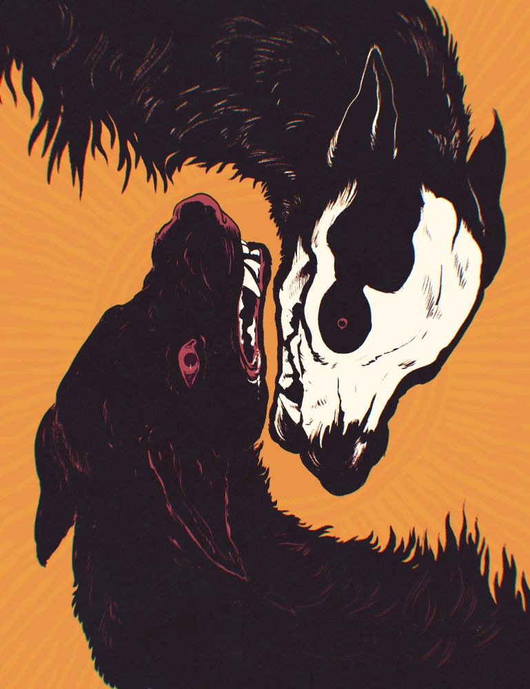 two dogs, one with a skull-face, snarling against one another's necks.