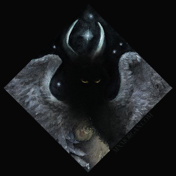 artwork of a feathered, winged body with an ominous, featureless face, save only amber eyes, formed by spilled ink. the angel bears long, tall horns with 6 stars surrounding them