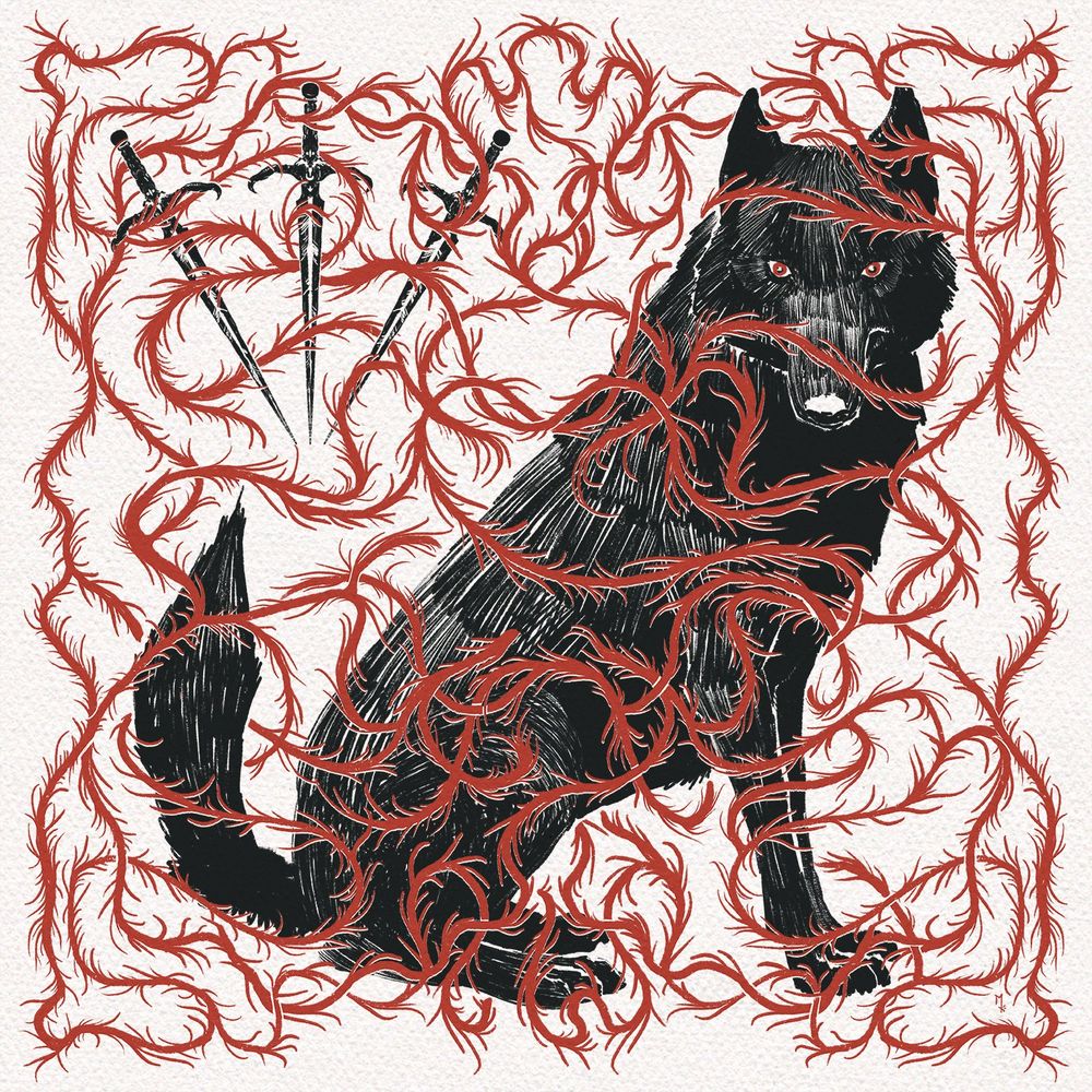 a black wolf staring at the viewer behind a tangle of venous red vines. three swords hang behind the wolf in the upper left portion of the composition