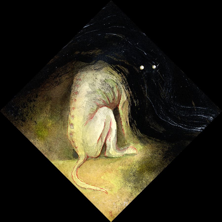 a pallid dog with its back facing the viewer, its head obscured by a dark cloud. two eyes with night sight poke through the black mass. the dog appears like a ghost, green and a pallid against a non descript sickly green background.