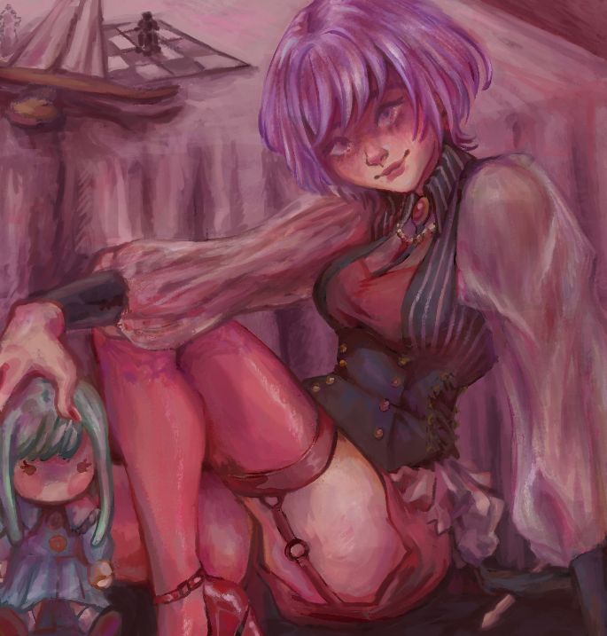 A digital painting of Nyamu from the anime Ave Mujica. She is sitting with a devilish smile in her band uniform, holding a Mutsumi plush by the head with one hand. A sword divides the queens on a chessboard behind her.