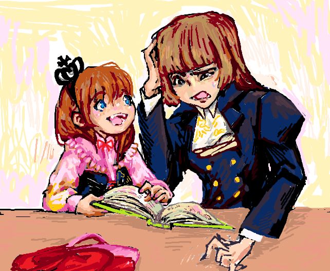 a rough, pixelated painting of Rosa and Maria Ushiromiya from the Umineko visual novel. Maria is showing her mother a logic puzzle in a children's book excitedly. Her mother Rosa looks puzzled and rubs her head in confusion.