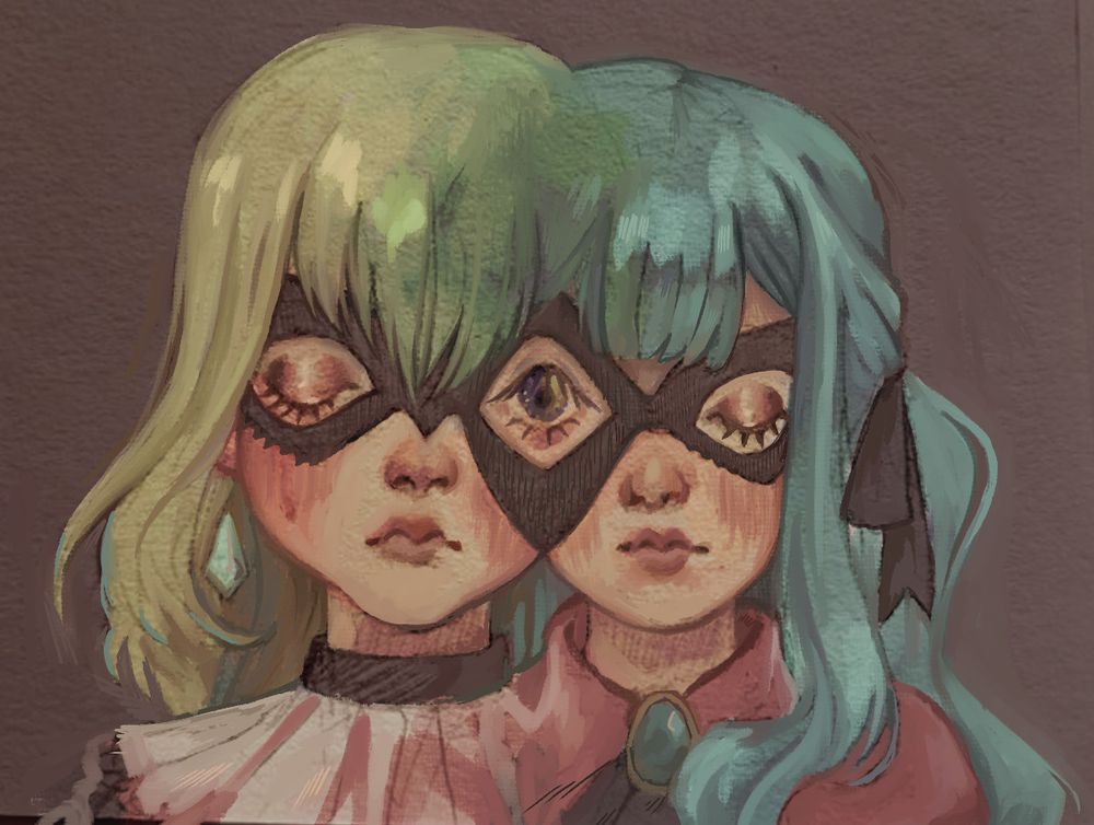 a bust illustration of uisaki misumi and sakiko togawa from ave mujica. the two are dressed in their performance outfits and masks, and their faces meld together in the center, forming a single mask with three eyes. only their shared eye is open.