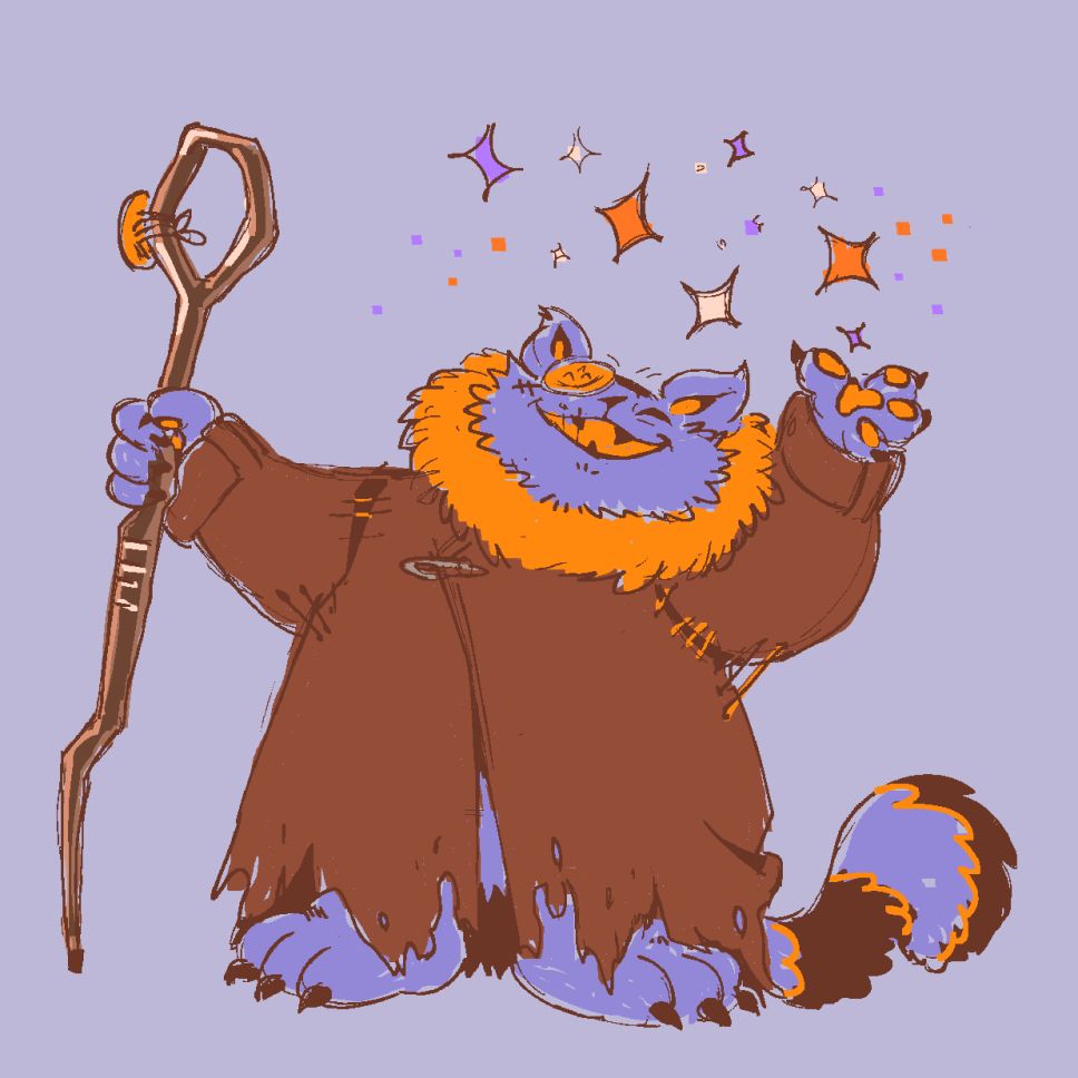seam from deltarune, a big large plush cat, holds their needle staff while throwing up sparkles into the air. they are laughing and or grinning as they do so.