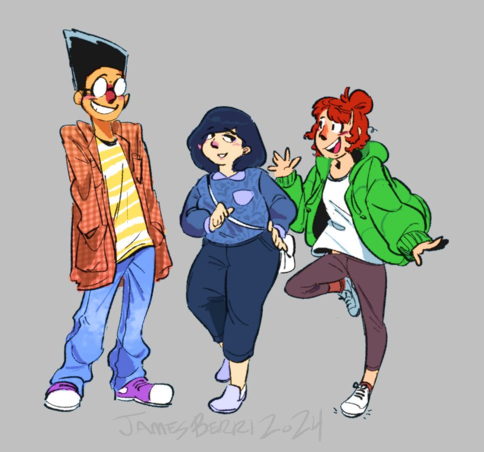 Drawing of the Three Co-workers from the Indie Game, Knuckle Sandwich. Names of the Coworkers left-to-right are Dolus, Echo, and Thea. Each are wearing slightly more fashionable outfits than the usual attire except for Thea, who is wearing her usual outfit that she has in-game.