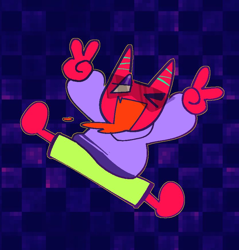 Bright red character with horn like ears and doing peace signs. They are on a dark purple checkered background.