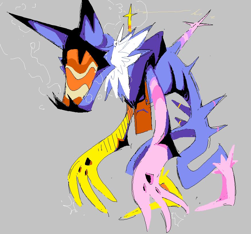 ramb from deltarune as a werewire with pink nd yellow hands and a facplate that mimics both the mantle and his facial hair. on his back the plugs inserted have turned into sharp shoulder spikes similar to transmission towers. he has his apron still on but it is smaller than his large body.