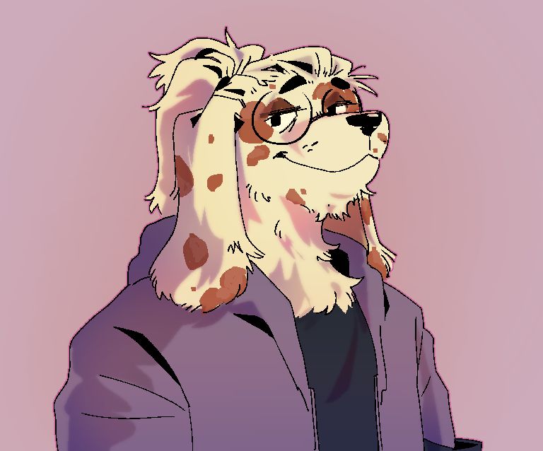 A spotted, lop eared dog anthro looks at the camera in a purple hoodie and black t-shirt with his hair pulled back in a ponytail.
