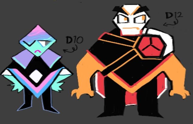 two dice themed characters inspired off of the deltarune enemy Pippins. The left one is a D 10 that is gradient of pink purple and green. The right is a D 12 that is orange, black, and red.