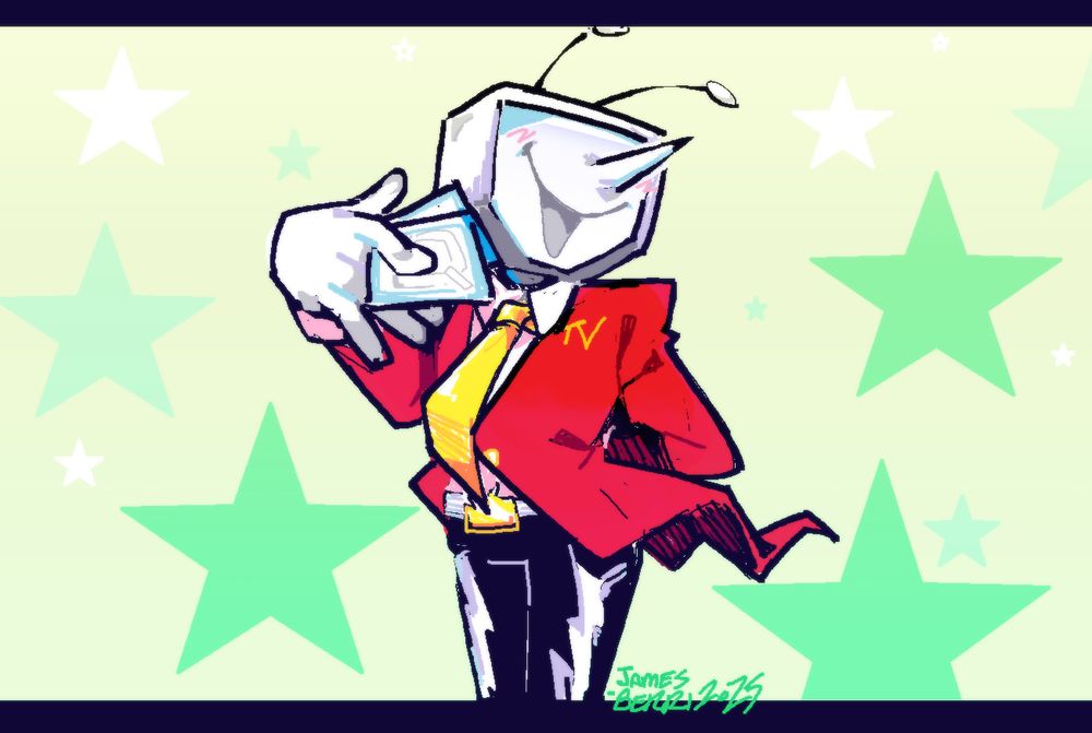 drawing of mr. ant tenna from deltarune chapter 3 posing coyly with two quiz cards with his free hand behind his back. ( deltarune spoilers )