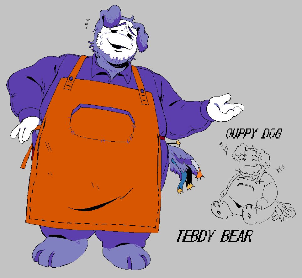 fullbody drawing of Ramb from Deltarune depicted wearing coveralls and a wider built and proportional frame.